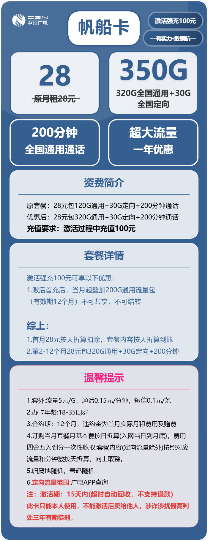 广电帆船卡28元包320G通用+30G定向+200分钟