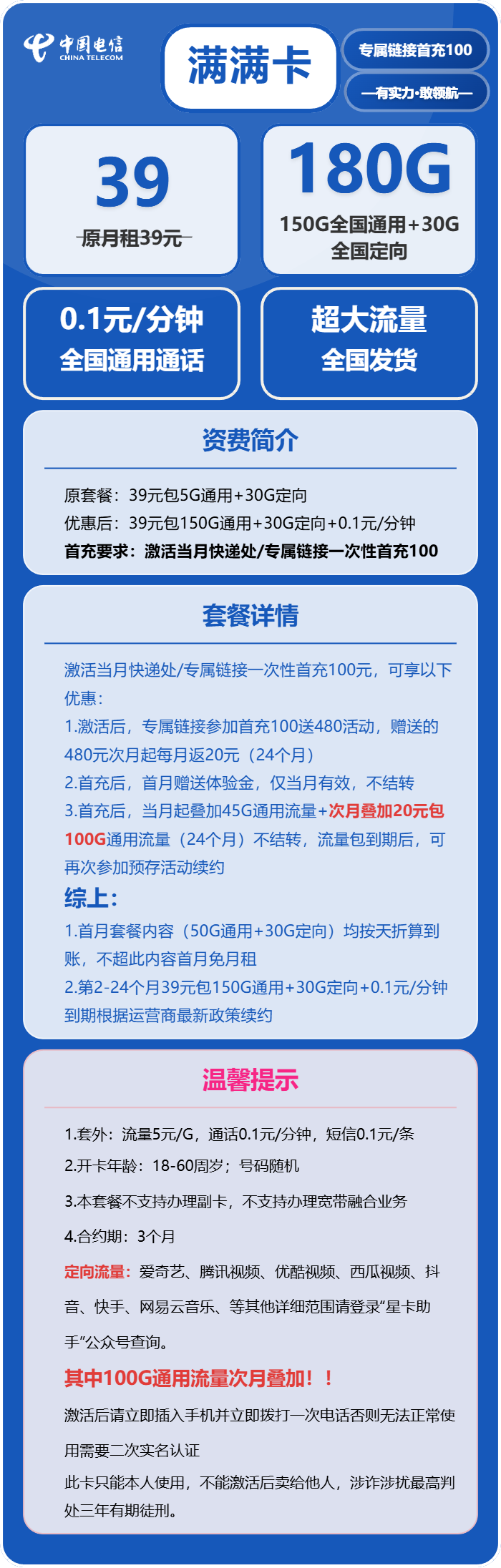 电信满满卡39元包150G通用+30G定向+通话0.1元/分钟