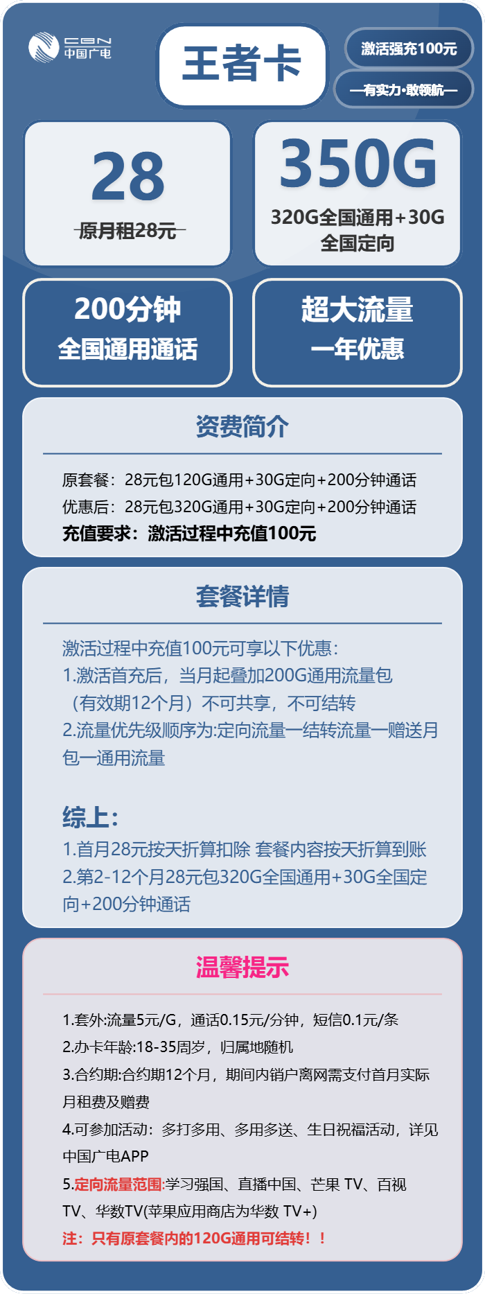 广电王者卡28元包320G通用+30G定向+200分钟