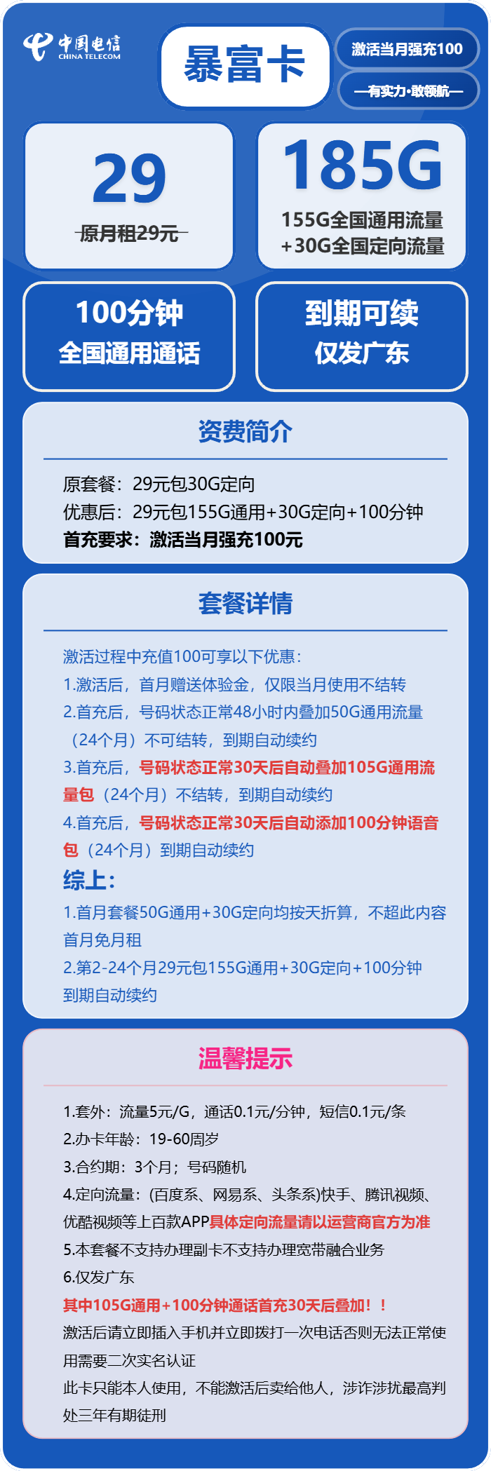 电信暴富卡29元包155G通用+30G定向+100分钟