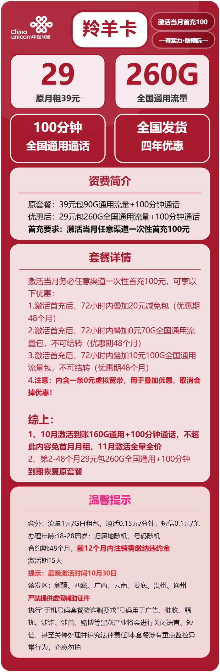 联通羚羊卡29元包260G通用+100分钟