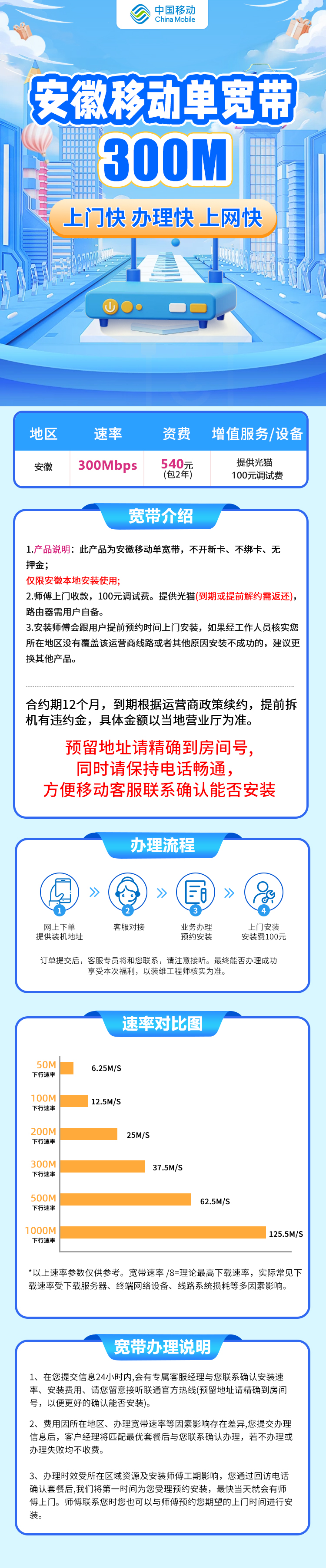 安徽移动540元包2年单宽带300M【不含调试费】