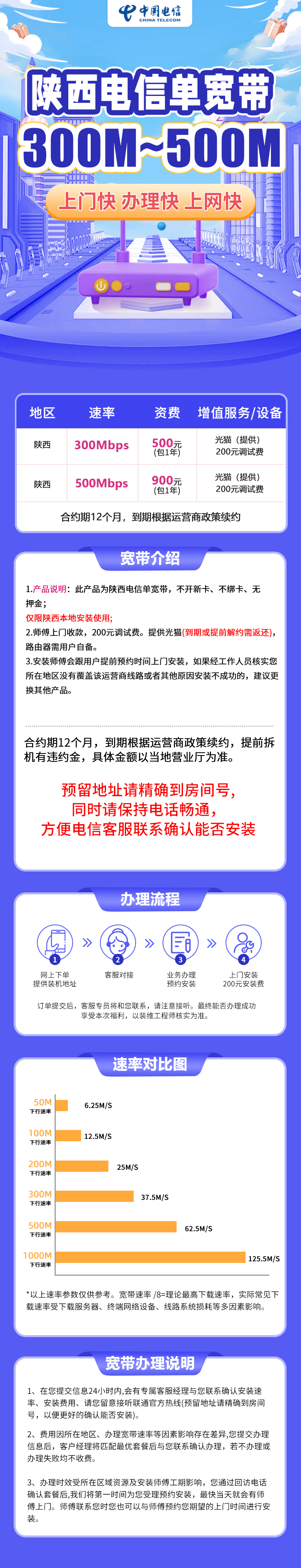 陕西电信500元包1年单宽带300M【不含调试费】