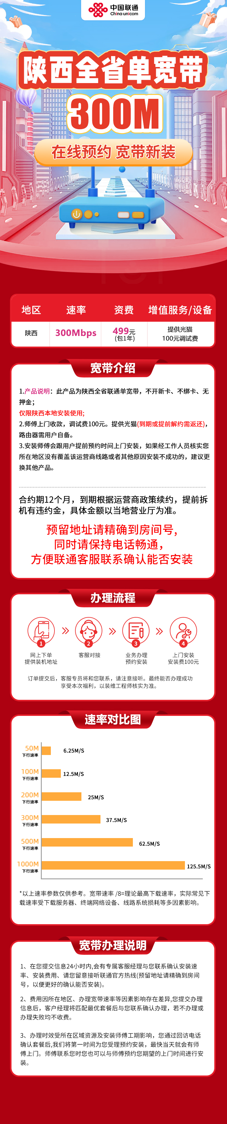 陕西联通499元包1年单宽带300M【不含调试费】