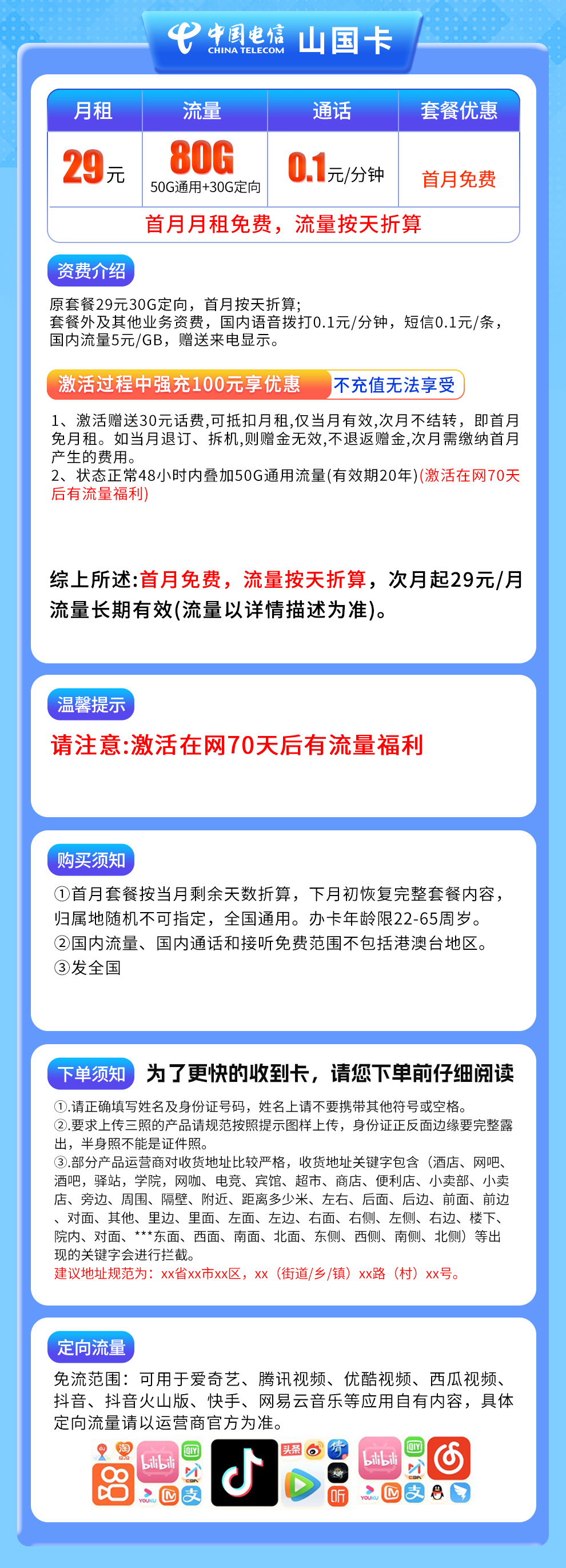 电信山国卡29元80G【发全国】