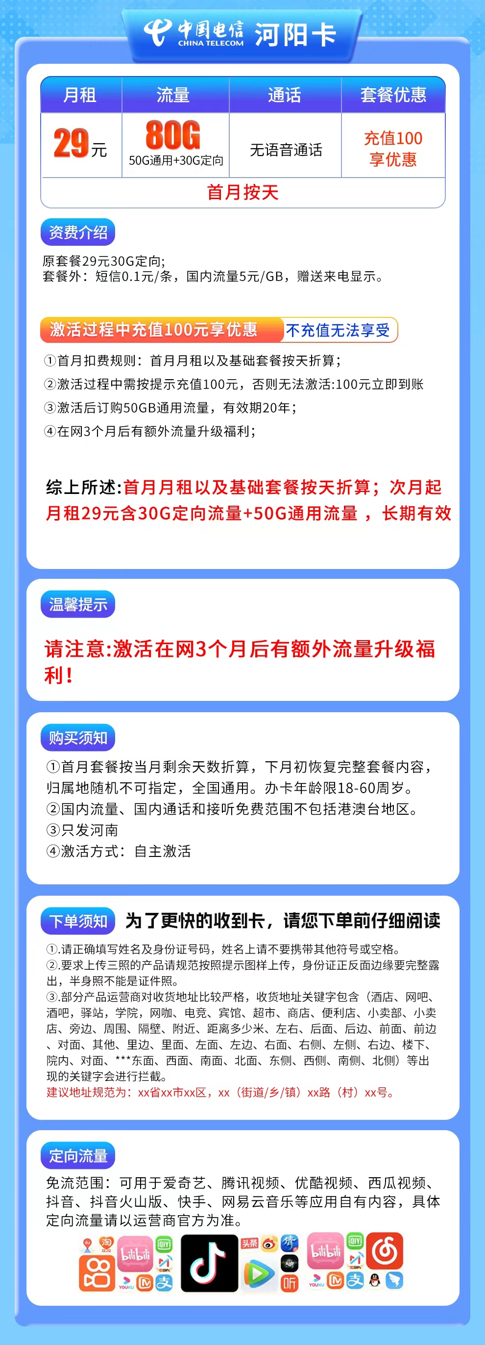 电信河阳卡29元80G【只发河南】
