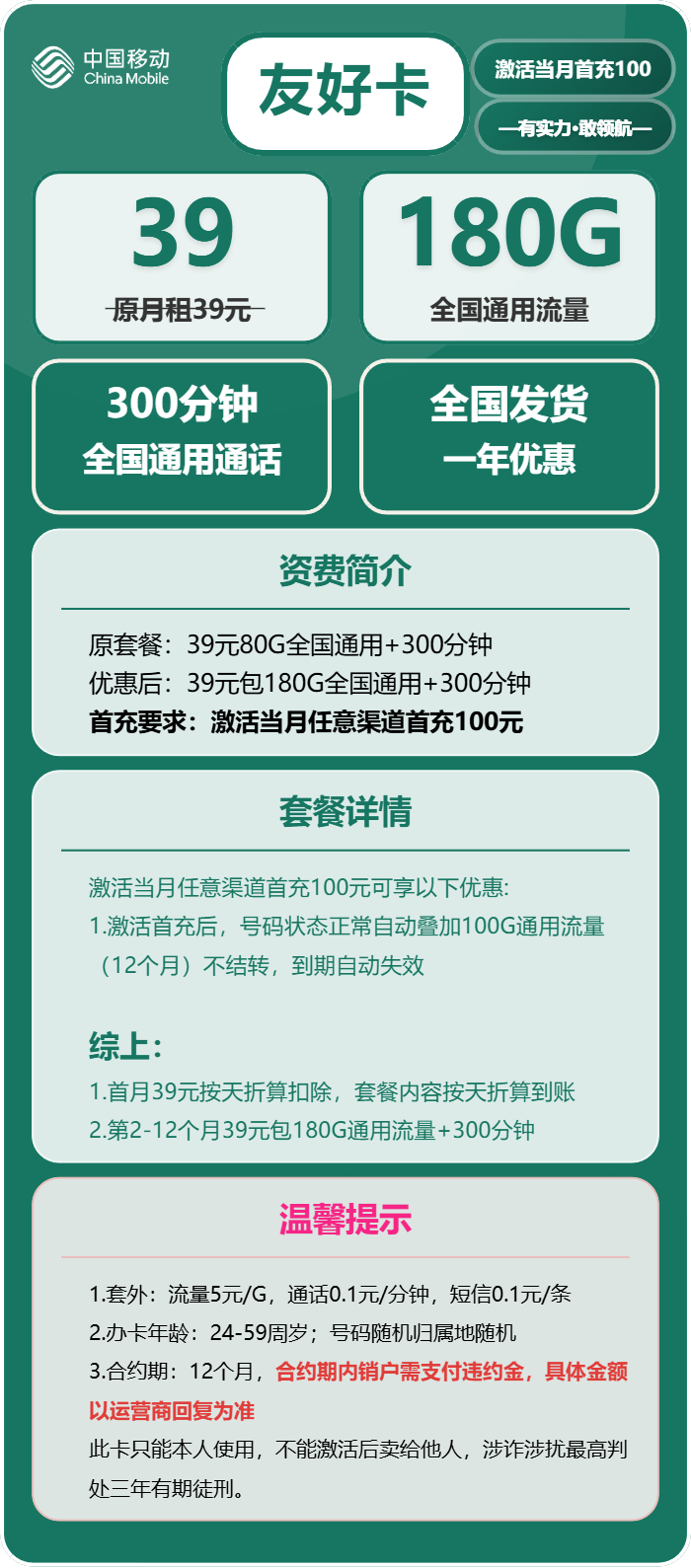 移动友好卡39元包180G通用+300分钟
