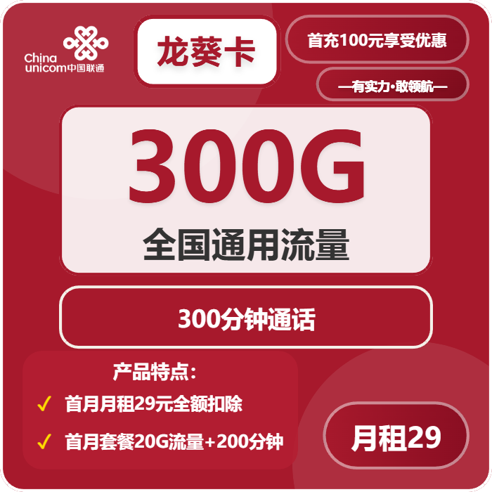 联通龙葵卡29元包300G通用+300分钟