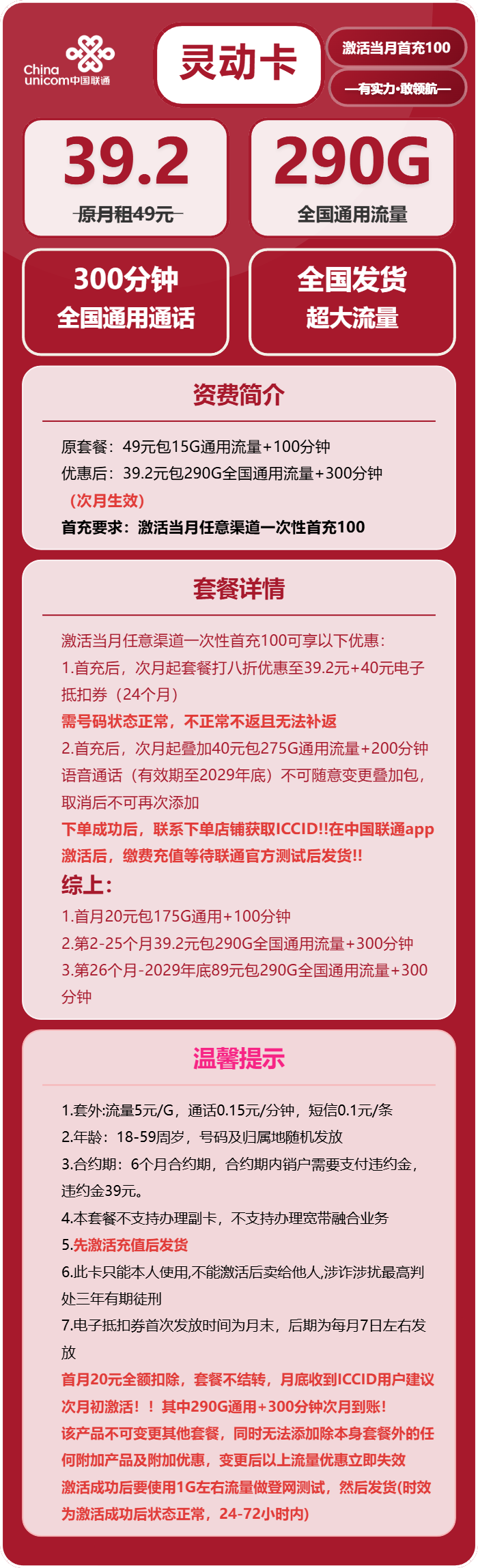 联通灵动卡39.2元包290G通用+300分钟