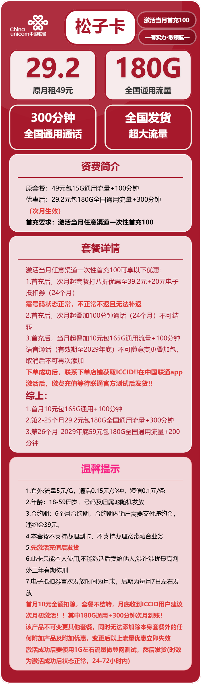 联通松子卡29.2元包180G通用+300分钟