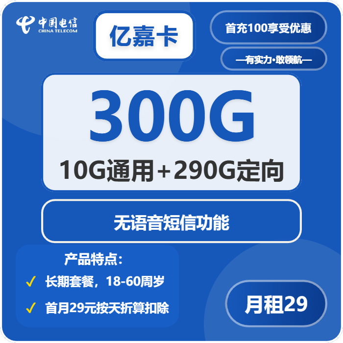 电信亿嘉卡29元包10G通用+290G河北通用+无语音功能