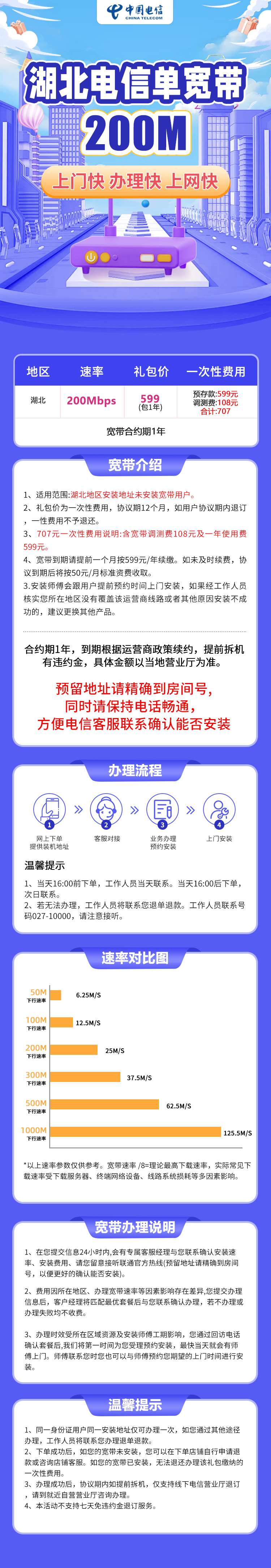 湖北电信599元包1年单宽带200M【不含调试费】