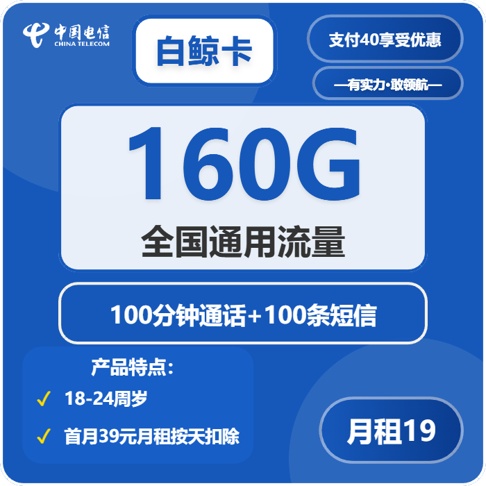 电信白鲸卡19元包160G通用+100分钟