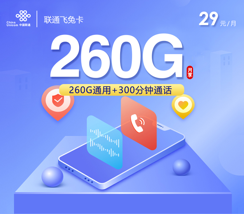 联通飞兔卡29元260G+300分钟