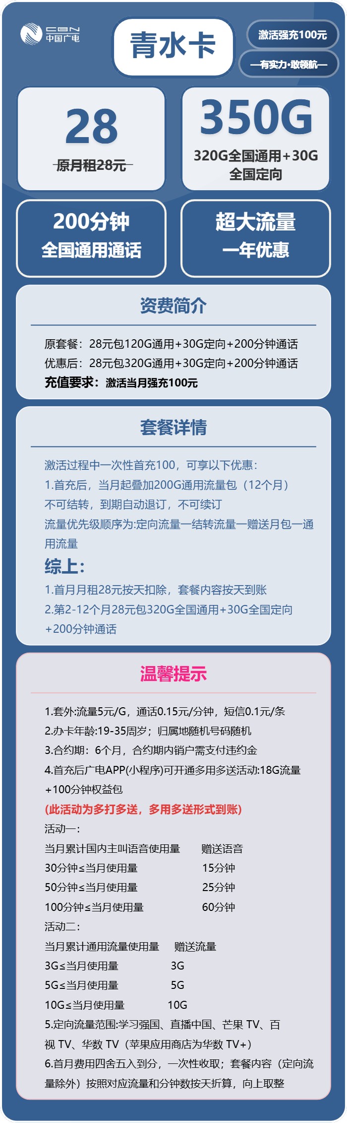 广电清水卡28元包320G通用+30G定向+200分钟