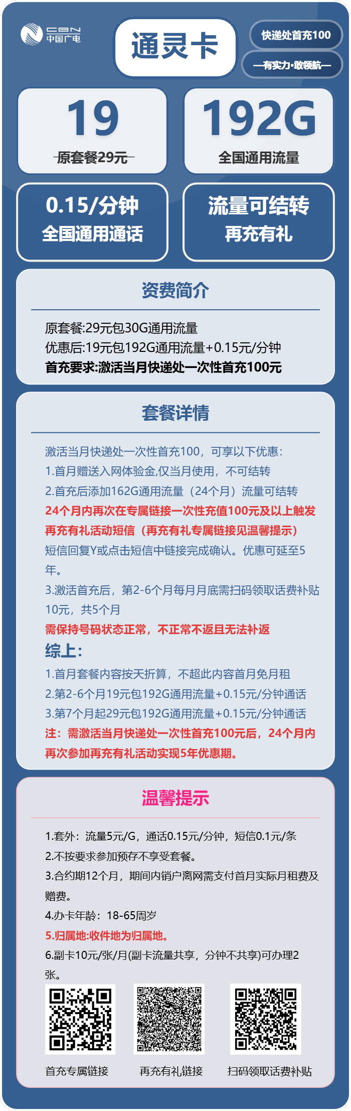 广电通灵卡19元包192G通用+通话0.15元/分钟