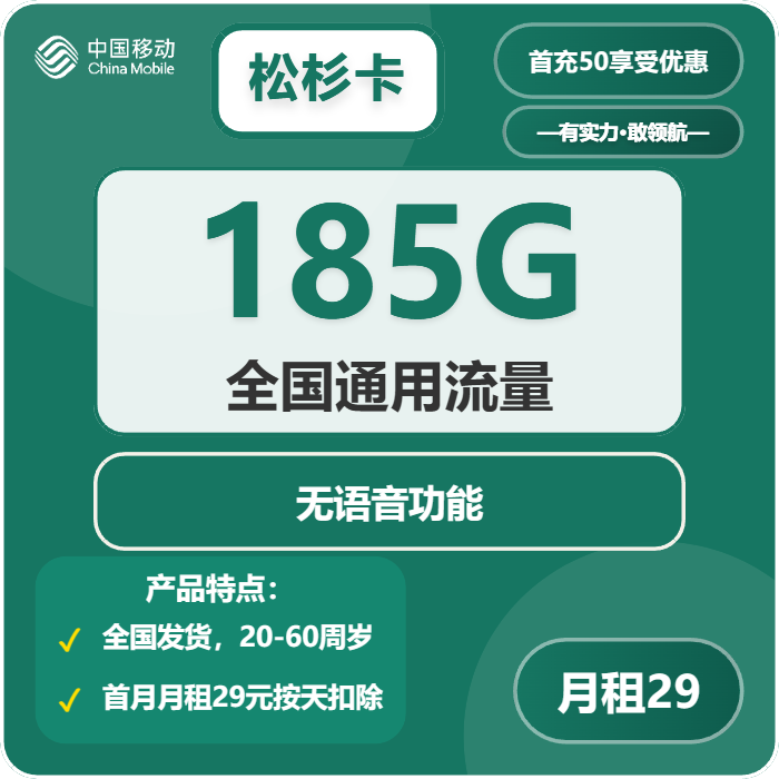 移动松杉卡29元包185G通用+无语音功能