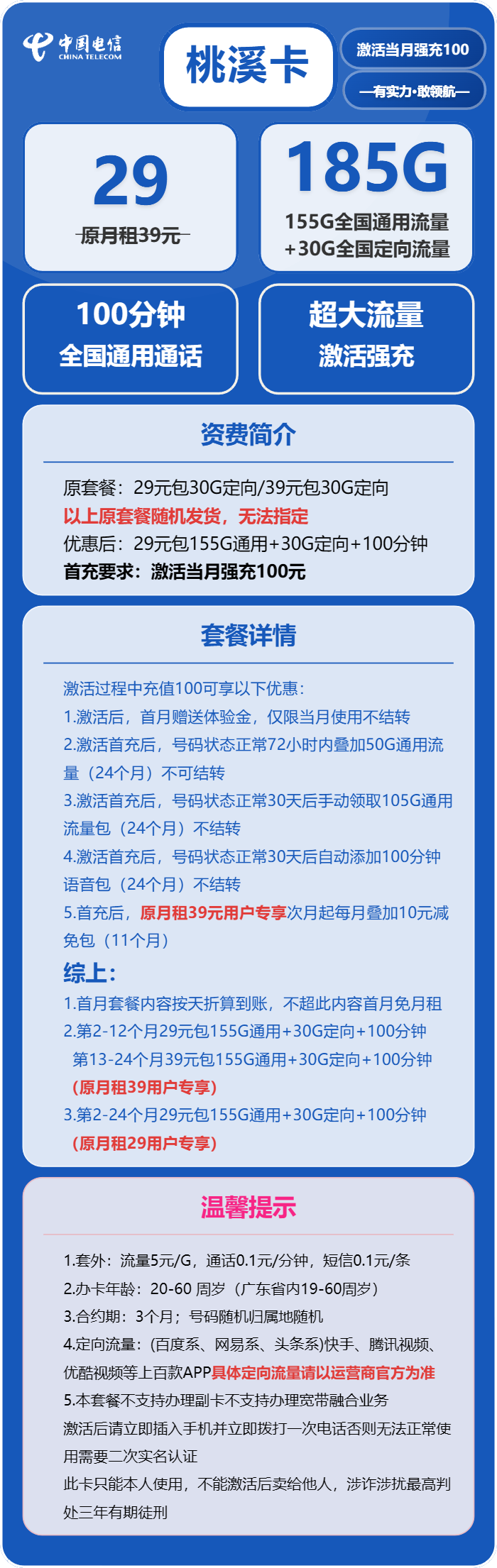 电信桃溪卡29元包155G通用+30G定向+100分钟