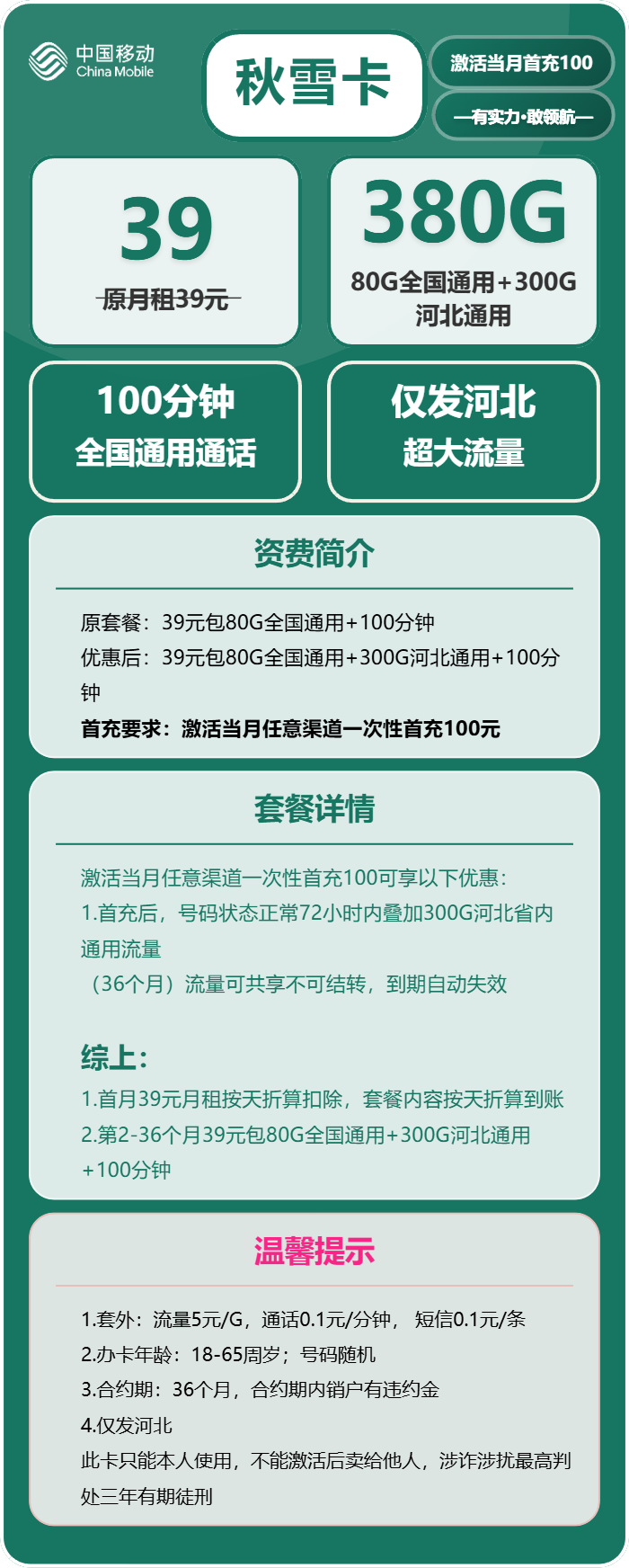 移动秋雪卡39元包80G通用+300G河北通用+100分钟