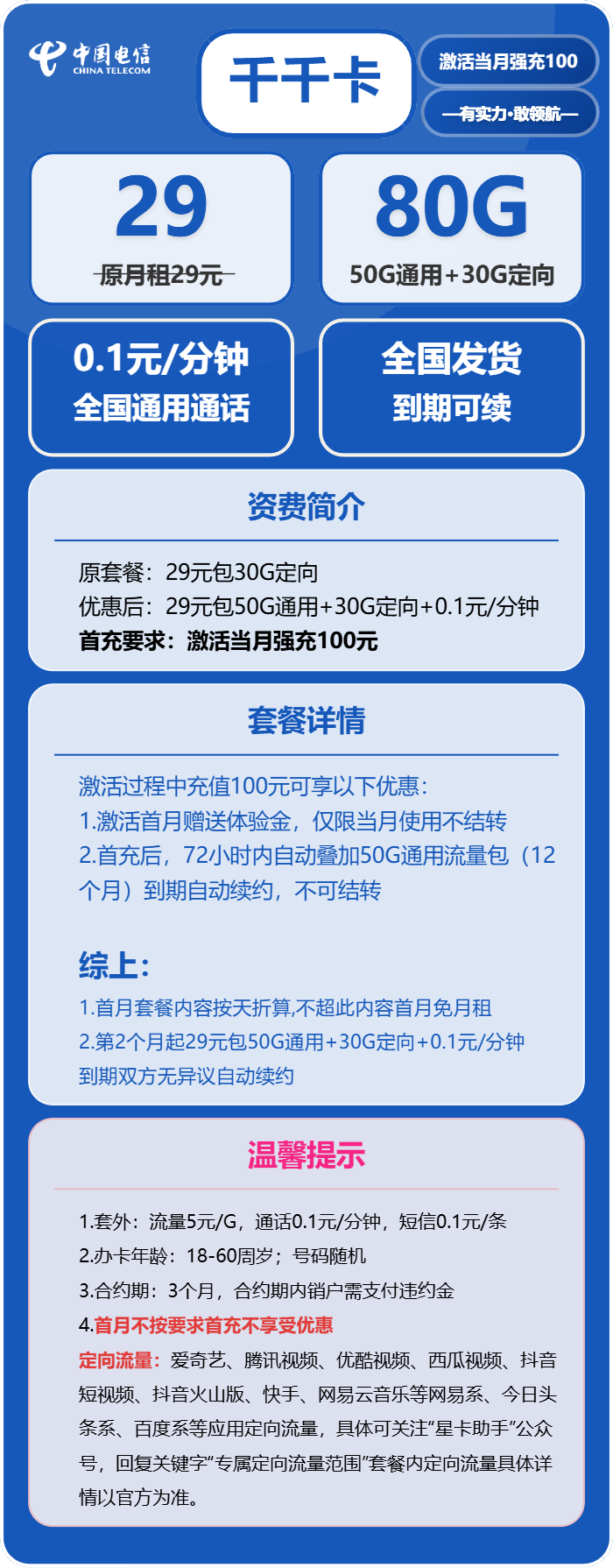 电信千千卡29元包50G通用+30G定向+通话0.1元/分钟