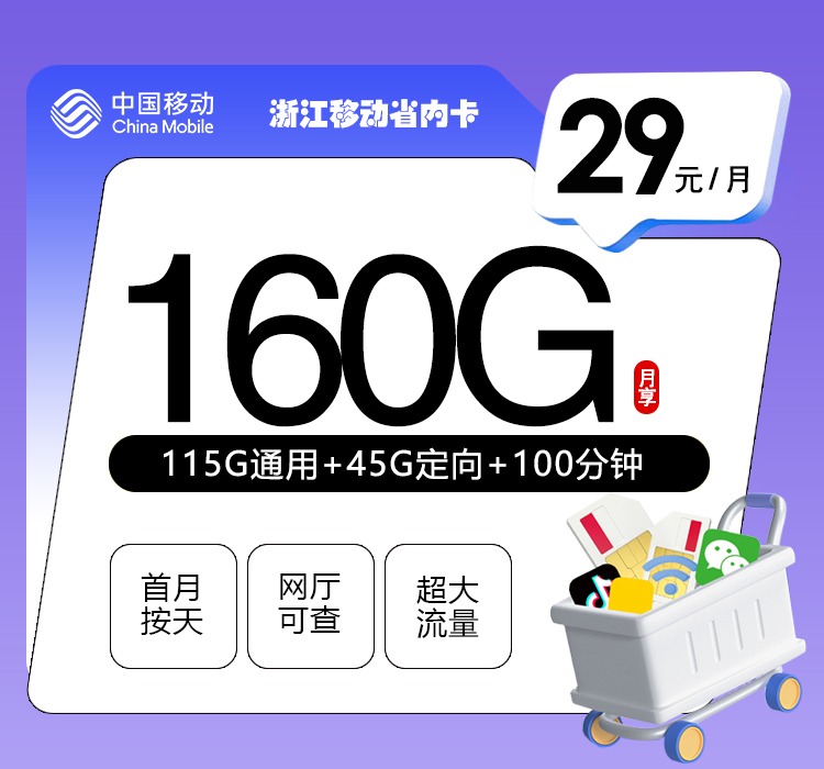 浙江移动省内卡29元160G+100分钟