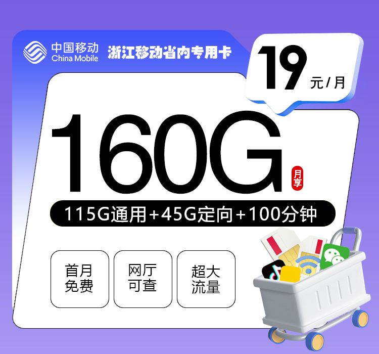 浙江移动省内专用卡19元160G+100分钟