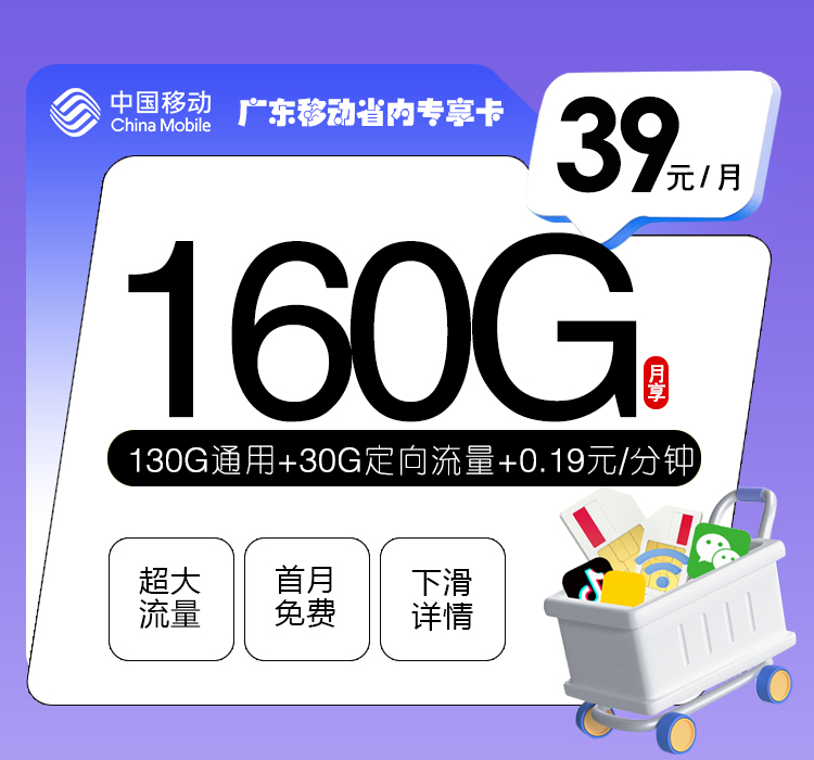 广东移动省内专享卡39元160G