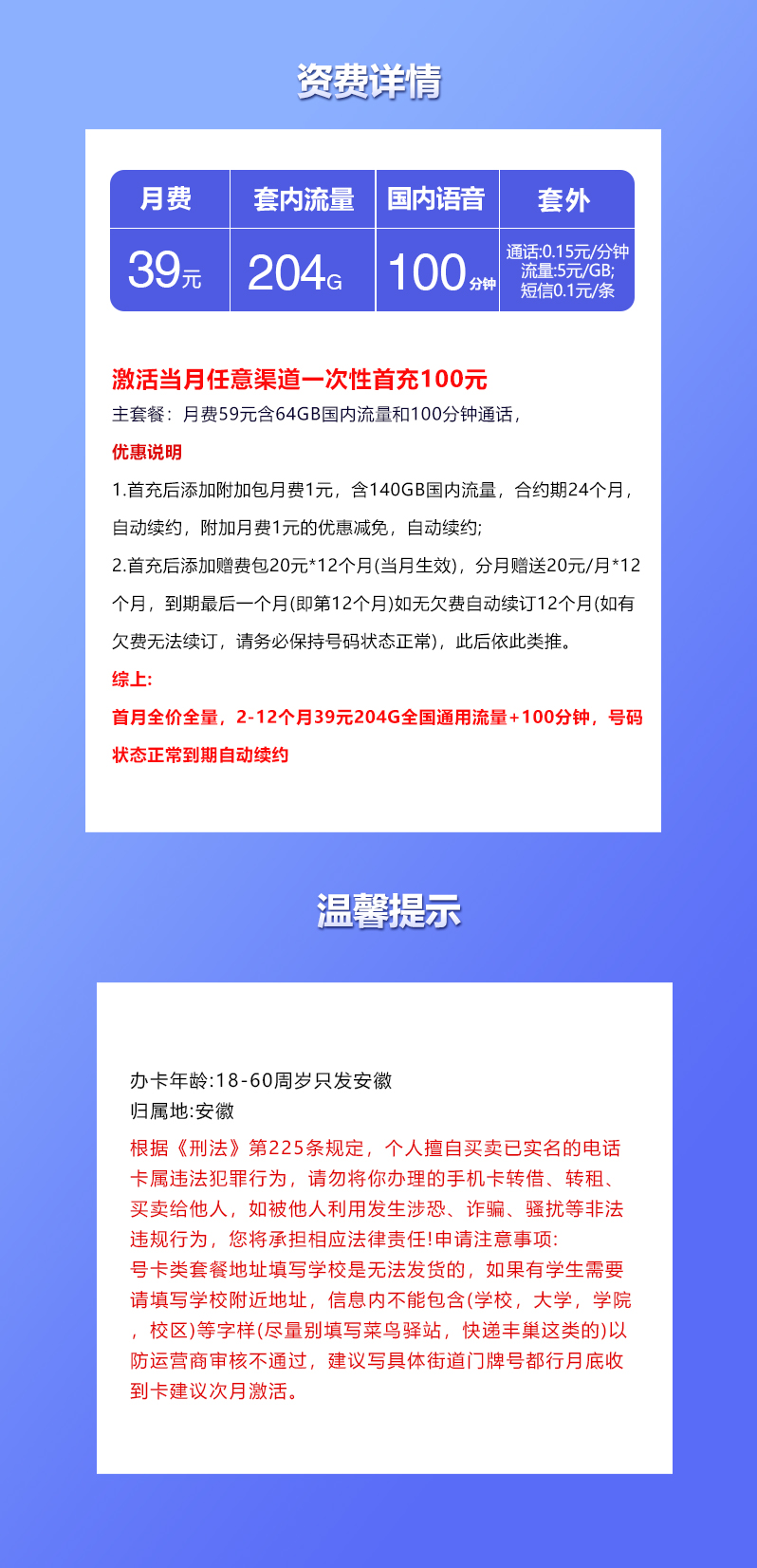 联通安徽专属卡39元204G+100分钟