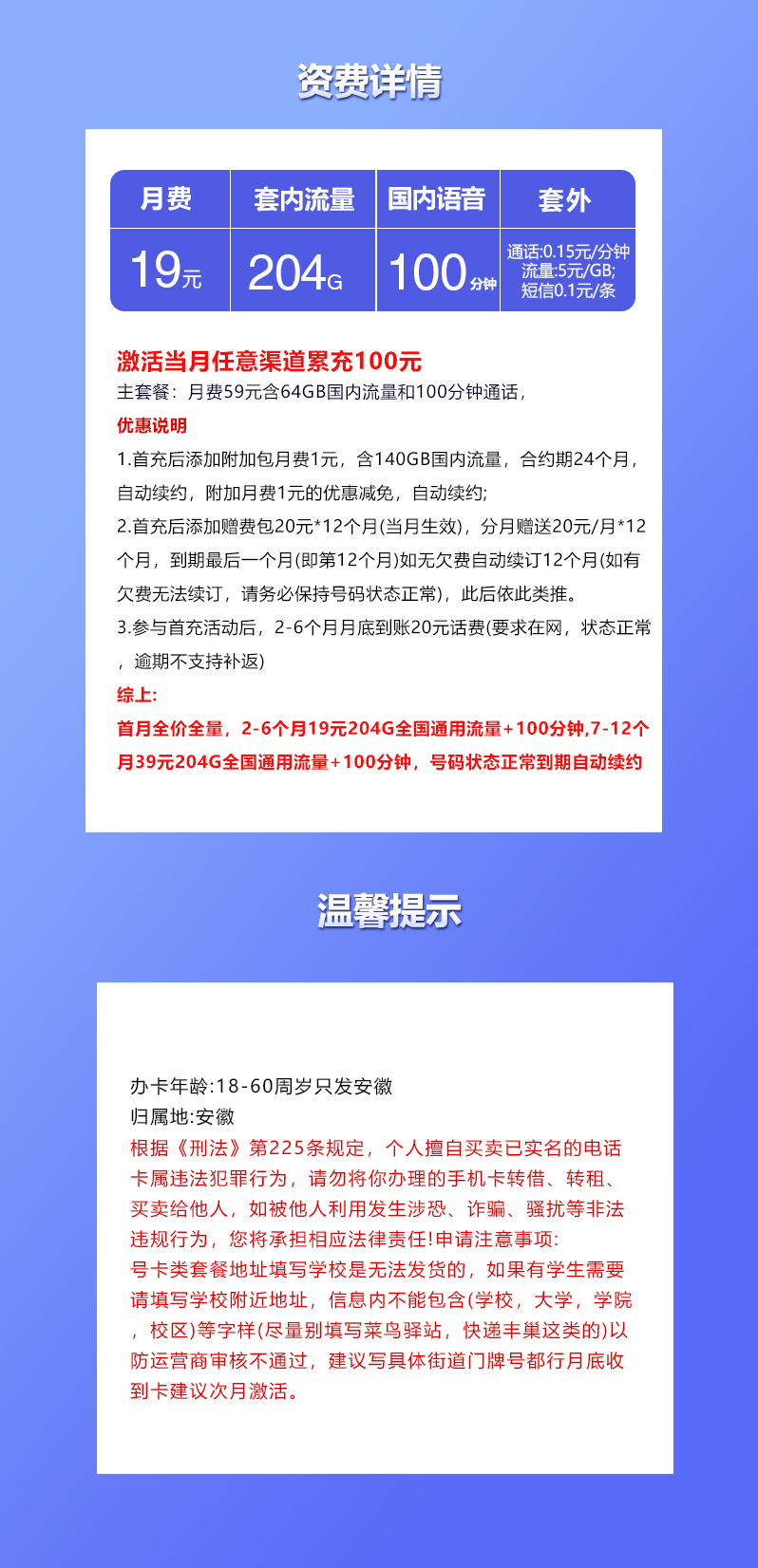 联通安徽专享卡19元204G+100分钟