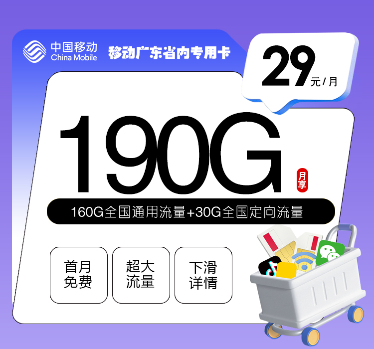 移动广东省内专用卡两年29元190G