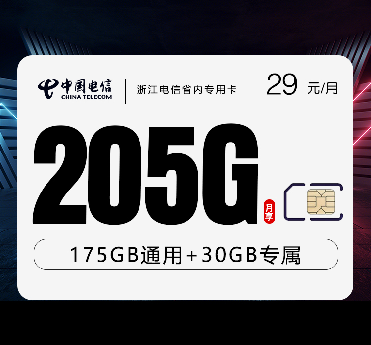 浙江电信省内专用卡两年29元205G+300分钟