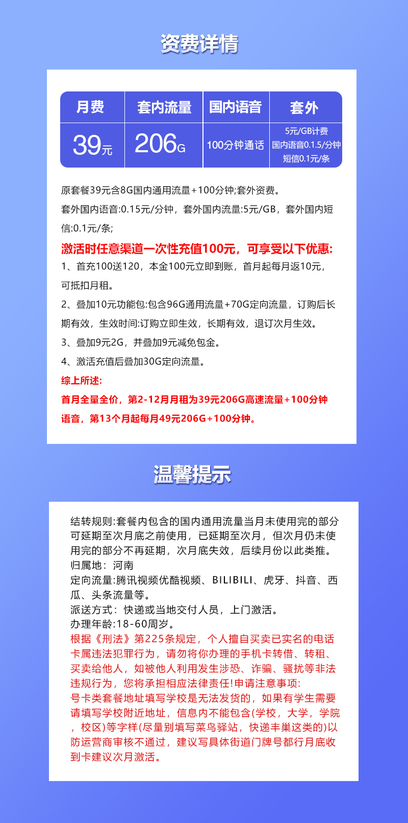 河南联通省内卡39元206G+100分钟