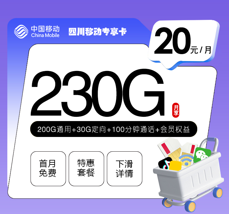 四川移动专享卡20元230G+100分钟+会员