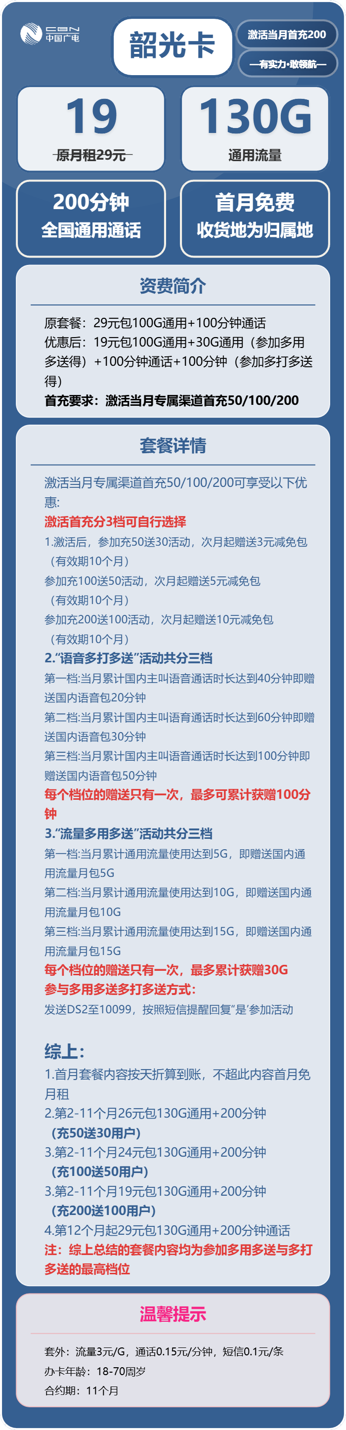 广电韶光卡19元包130G通用+200分钟通话