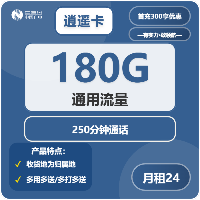 广电逍遥卡24元包180G通用+250分钟通话