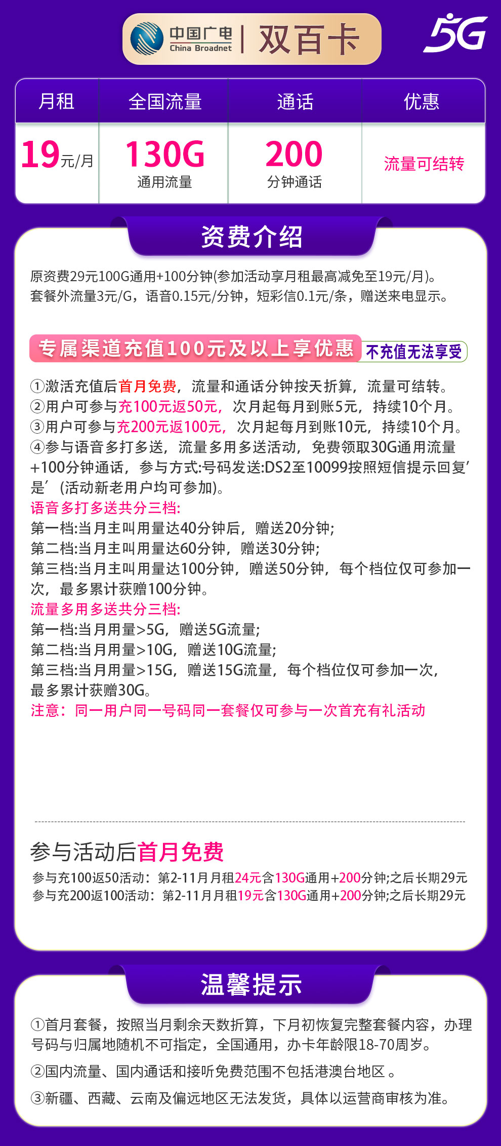 G3广电双百卡19元130G+200分钟【发全国】