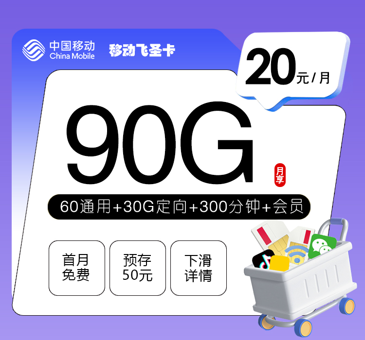移动飞圣卡20元90G+300分钟+会员
