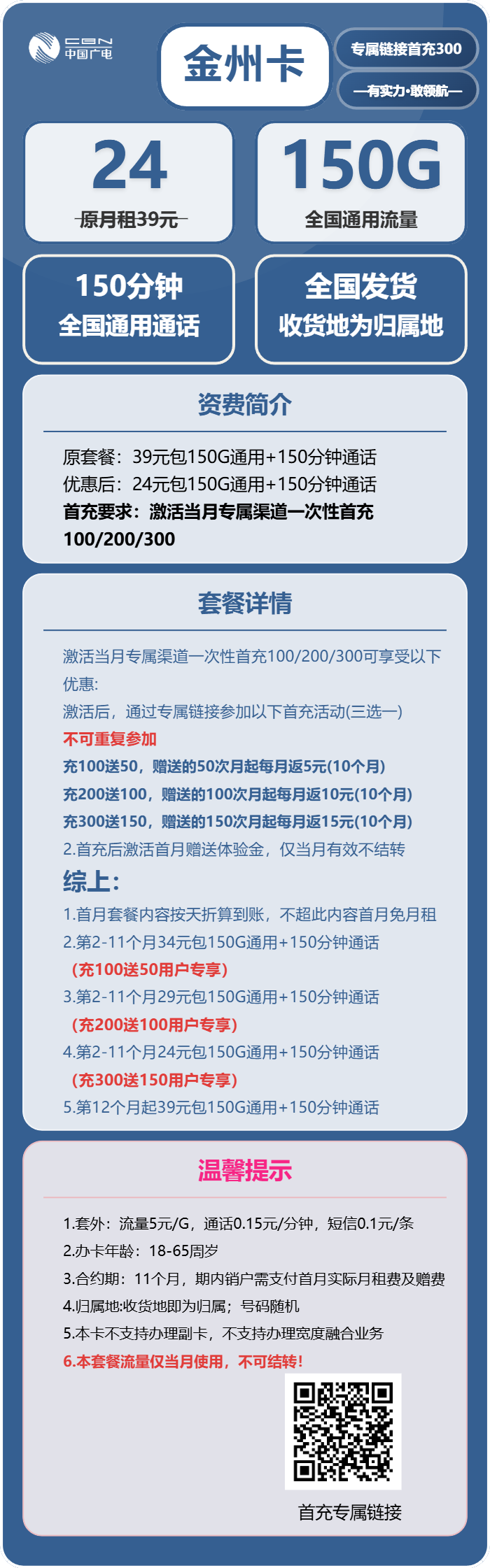 广电金州卡24元包150G通用+150分钟通用