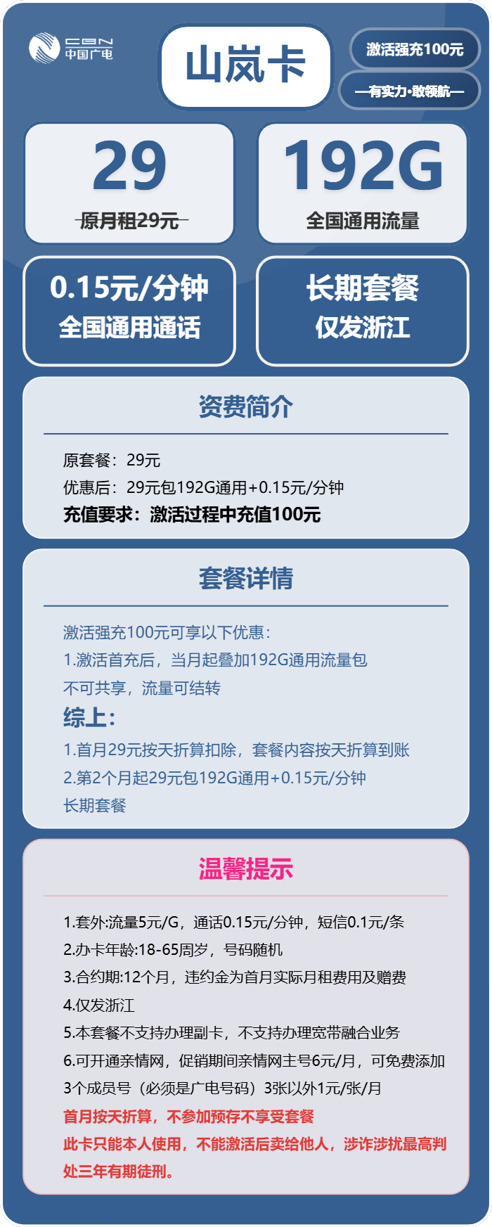 广电山岚卡29元包192G通用+通话0.15元/分钟