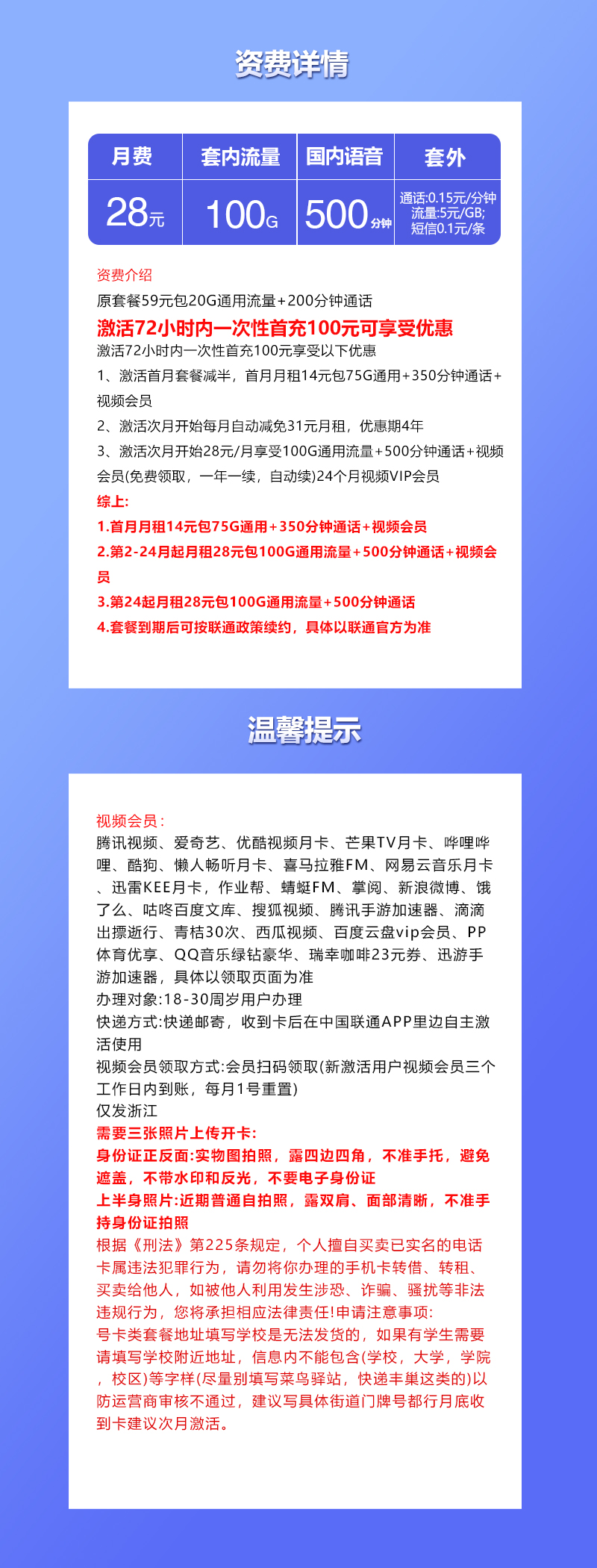 浙江联通专属卡28元100G+500分钟+会员