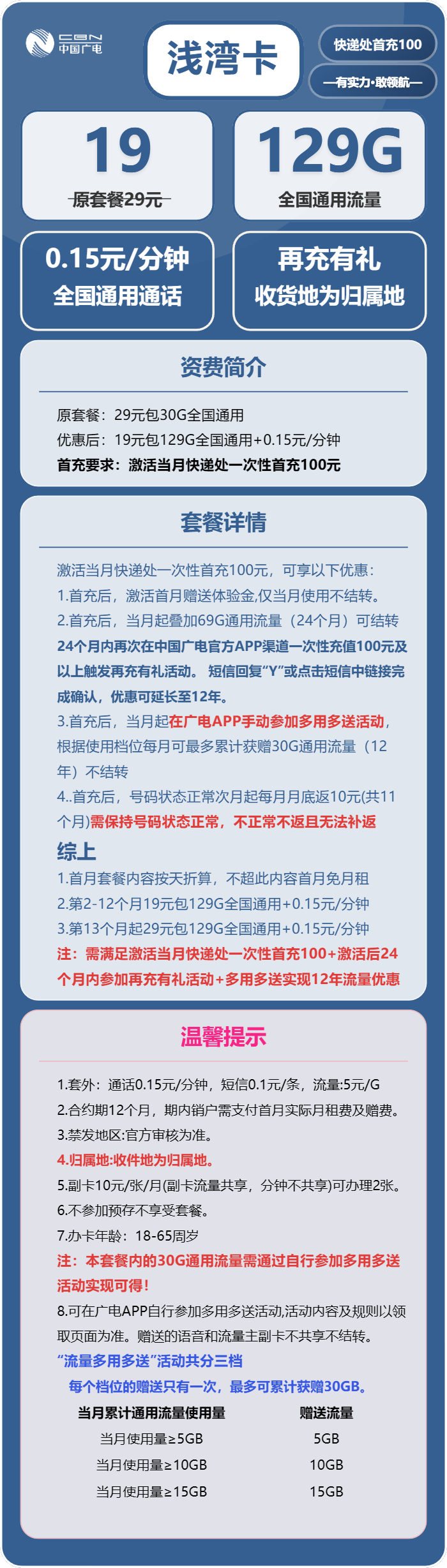 广电浅湾卡19元包129G通用+通话0.15元/分钟