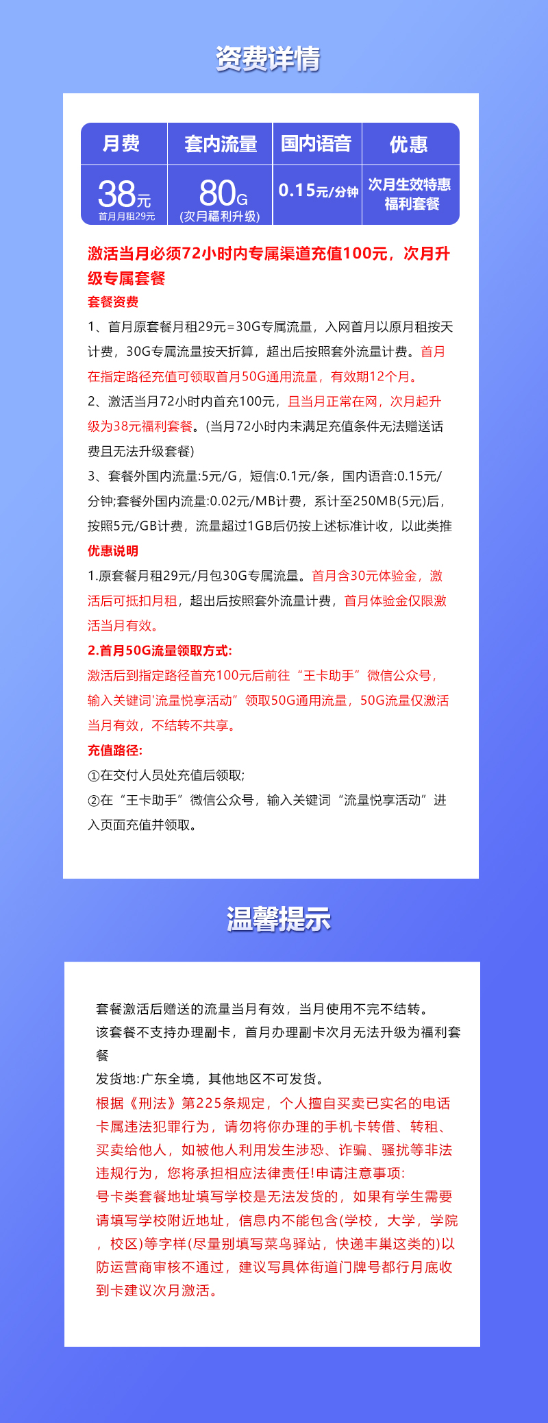 联通广东省内专享卡38元80G