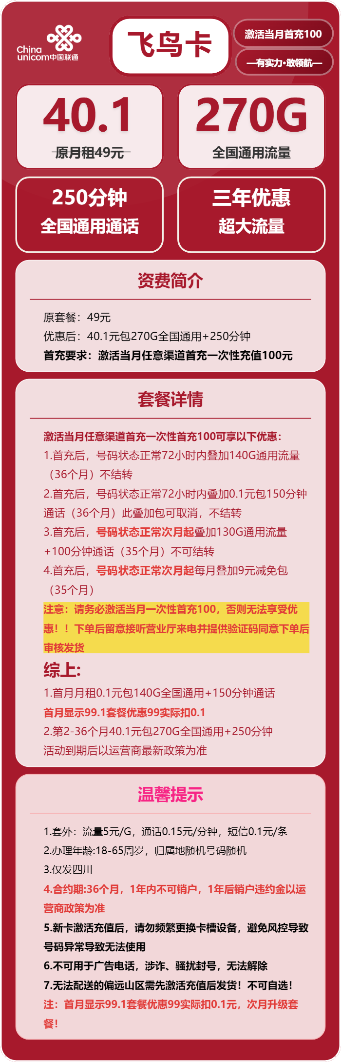 联通飞鸟卡40.1元包270G通用+250分钟通话