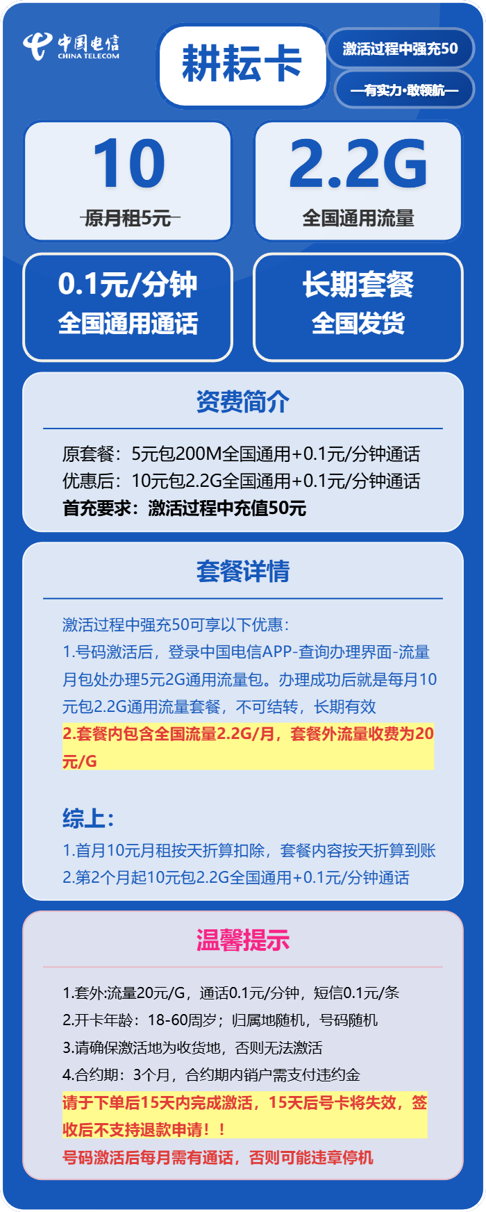 电信耕耘卡10元包2.2G通用+通话0.1元/分钟