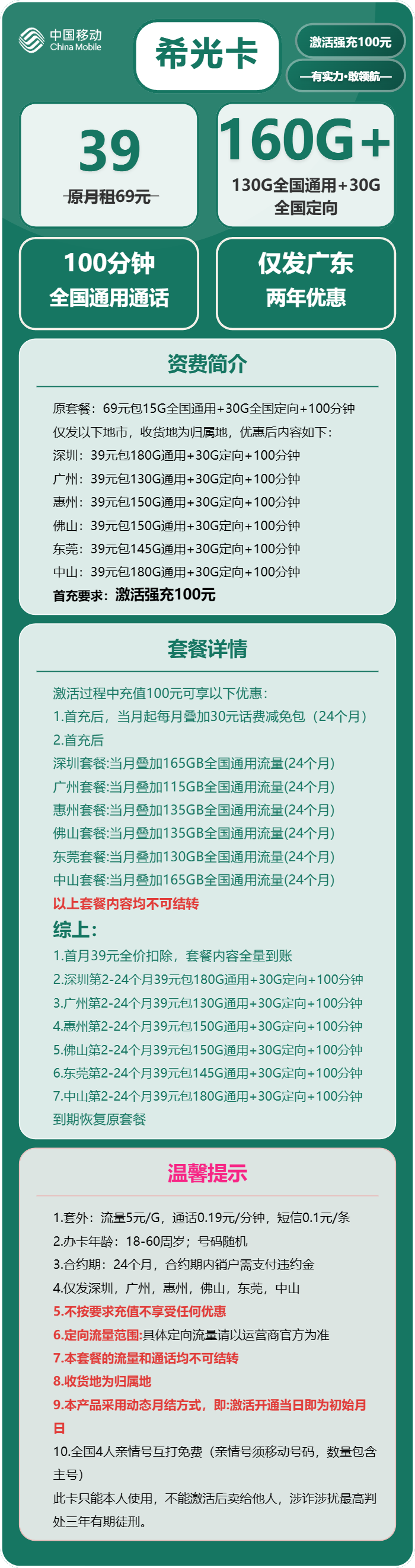 移动希光卡39元包130G通用+30G定向+100分钟