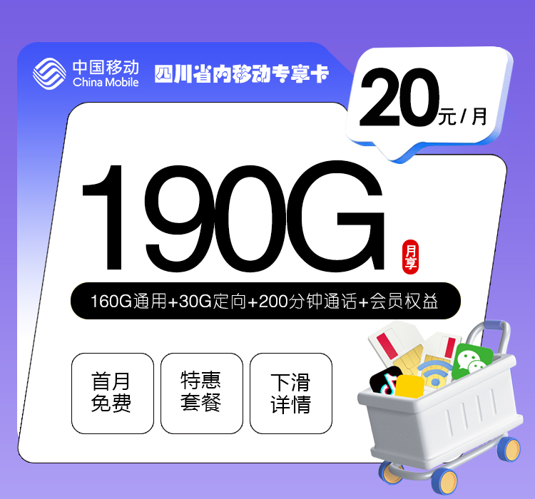四川省内移动专享卡20元190G+200分钟+会员