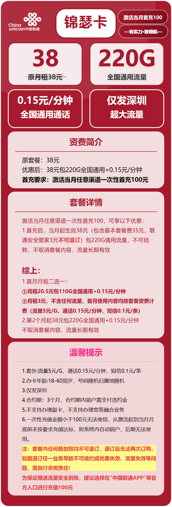 联通锦瑟卡38元包220G通用+通话0.15元/分钟