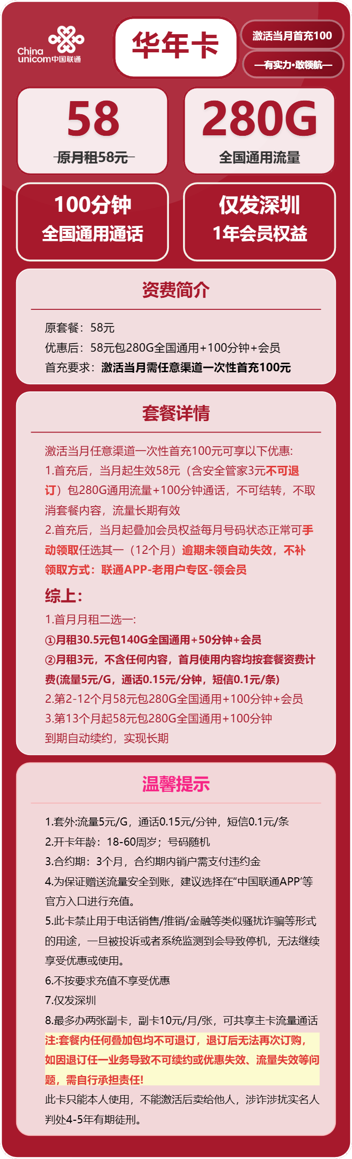联通华年卡58元包280G通用+100分钟+会员
