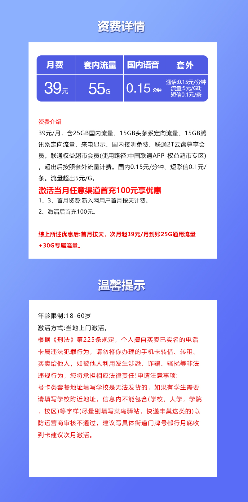 云南联通省内峰卡39元55G