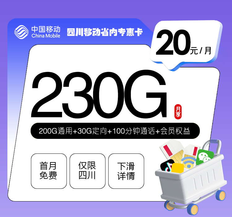 四川移动省内专惠卡20元230G+100分钟+会员